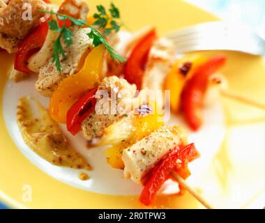 Chicken and pepper kebabs with mustard Stock Photo