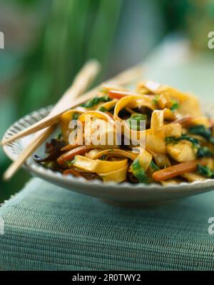 Noodles sautéed with chicken, vegetables and black mushrooms Stock Photo