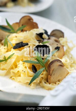 Pasta with ceps and black truffles Stock Photo