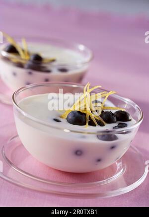 Cream of yoghurt with blueberries and lemon zests Stock Photo