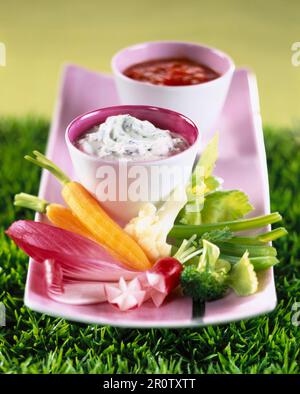 raw vegetables and dips Stock Photo