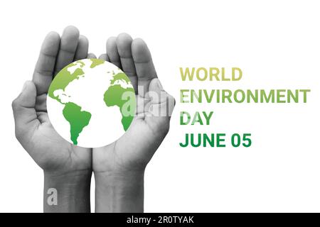 Hands holding earth globe on white background, World Environment Day concept. June 05. illustration Suitable for greeting card, poster and banner. Stock Vector