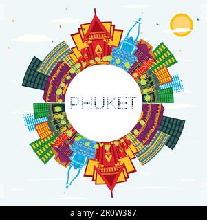 Phuket Thailand City Skyline with Color Buildings, Blue Sky and Copy Space. Vector Illustration. Business Travel and Tourism Concept. Stock Vector