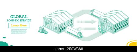 Global Logistics Network. Isometric Outline Concept. Warehouses and Cargo Trucks. Loading and Moving Goods Between Warehouses. Vector Illustration. Stock Vector