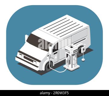 Isometric Electric Commercial Vehicle. White Van Charging at the Charger Station with a Plug in Cable on Blue Background. Front View. Stock Vector
