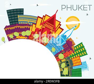 Phuket Thailand City Skyline with Color Buildings, Blue Sky and Copy Space. Vector Illustration. Business Travel and Tourism Concept. Stock Vector