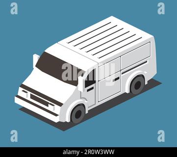 Isometric Commercial Vehicle. White Van on Blue Background. Front View. Vector Illustration. Stock Vector