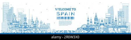 Welcome to Spain. Outline City Skyline with Blue Buildings. Vector Illustration. Modern and Historic Architecture. Spain Cityscape with Landmarks. Stock Vector