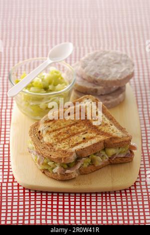 Guéméné chitterlings sausage toasted sandwich with leek fondue Stock Photo