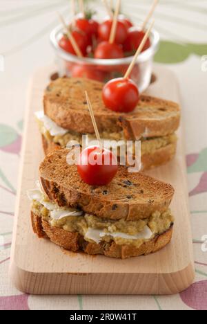 Eggplant caviar and goat's cheese toasted sandwich Stock Photo