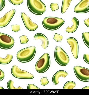 Vector Avocado Seamless Pattern, decorative repeating background with cut out illustration of ripe chopped avocado with skin for wrapping paper, group Stock Vector