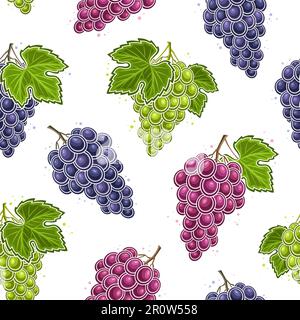 Vector Grapes Seamless Pattern, square repeating background with cut out illustration of ripe grape bunches with green leaves for wrapping paper, grou Stock Vector