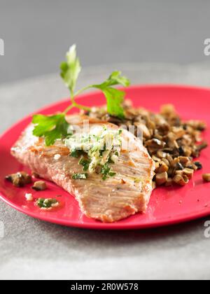 Pork with chopped parsley and mushrooms Stock Photo