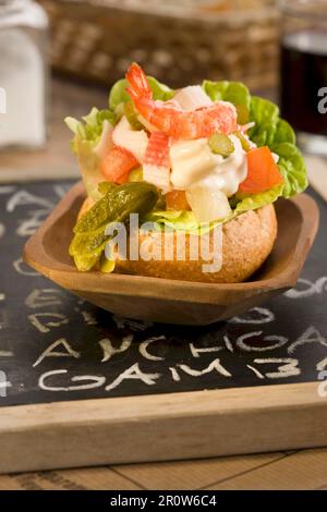 King crab and shrimp open sandwich Stock Photo