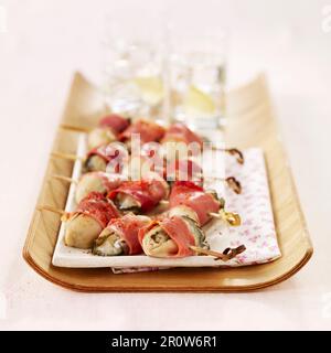 Oyster and Bayonne ham brochettes Stock Photo