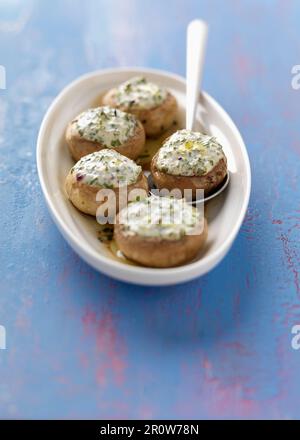Button mushrooms stuffed with Petits-suisses and herbs Stock Photo