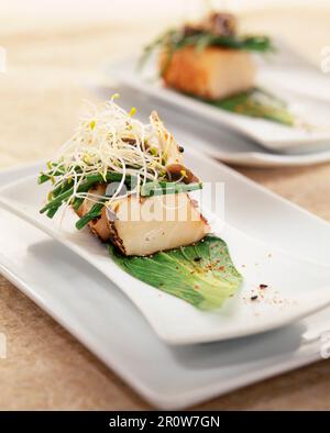 Grilled salt cod , green bean, mushroom and beansprout appetizer Stock Photo