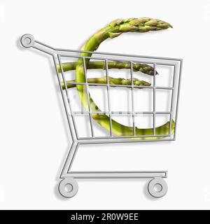 Mini supermarket trolley with a ? sign written with green asparagus Stock Photo