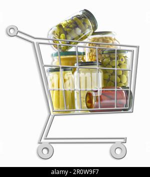 Mini supermarket trolley full of jars of preserved food Stock Photo