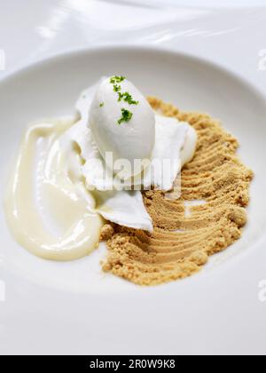 Creamy lemon meringue pie with yoghurt ice cream Stock Photo