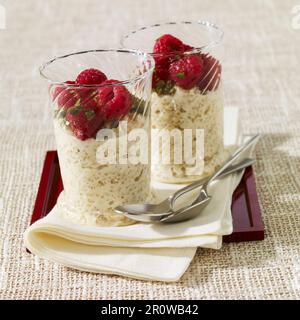 Vanilla quinoa pudding with raspberries and pistachios Stock Photo