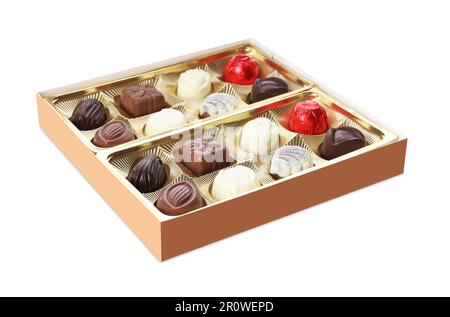 Box of delicious chocolate candies isolated on white Stock Photo
