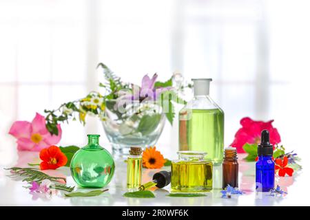 Various essential oils in bottles surrounded by medicinal plants and medicinal flowers Stock Photo