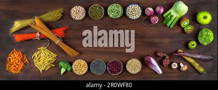 Fruit, vegetables, legumes and pasta for the vegan diet Stock Photo