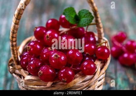 Red currants in a small basket (Close Up) Stock Photo