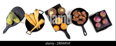 Panoramic-view of mixed old-fashioned root vegetables Stock Photo