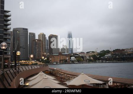 Skyline of Sydney from the most iconic landmark opera house during COVID-19 pandemic without people or visitor-solitary Sydney harbor and opera house Stock Photo