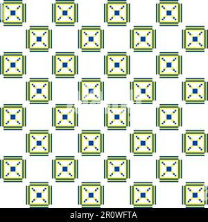Geometric pixel art pattern with squares and crosses in yellow, blue, and green Stock Photo