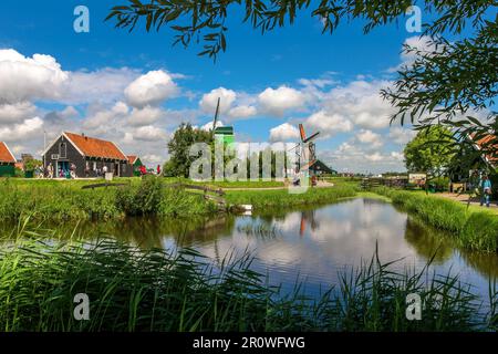 Canal along the banks with green grass as windmills and houses under beautiful sky on background in Zaanse Schans, Netherlands. Stock Photo