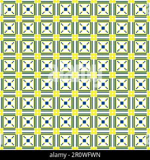 Retro geometric pattern with yellow squares and blue dots in a grid Stock Photo