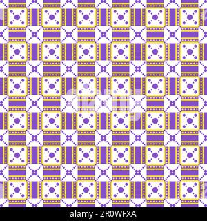 Intricate geometric pattern with purple and gold squares and dots on white background Stock Photo