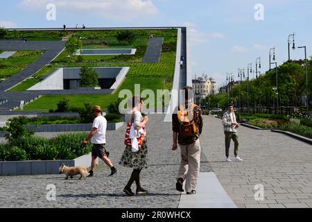 rooftop garden at the Museum of Ethnography in Budapest. modern building. popular gathering place for tourists and locals. streetscape with sidewalk Stock Photo