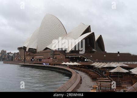 The best Sydney opera house on a rainy day in COVID-19 with no people or visitor makes it different. Sydney Opera House during cloudy and rainy day. Stock Photo