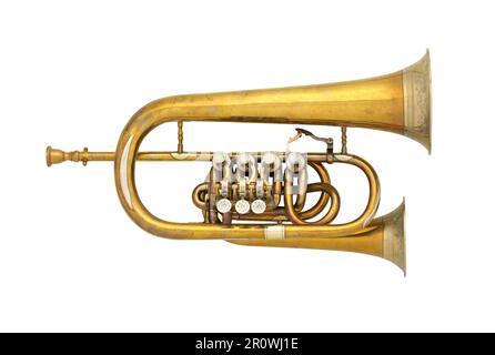 Old flugelhorn brass musical instrument isolated on white background, retro trumpet or cornet closeup from 19th century Stock Photo