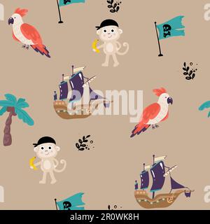 Seamless pattern with cute pirate. Cartoon child holding sword. Treasure hunt texture background. Preschooler in a pirate costume. Flat vector Stock Vector