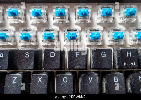 A dirty computer keyboard which has had two rows of key facias removed for cleaning revealing microswitches below Stock Photo