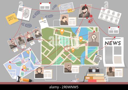 Detective board with pined evidence and investigation plan vector illustration Stock Vector