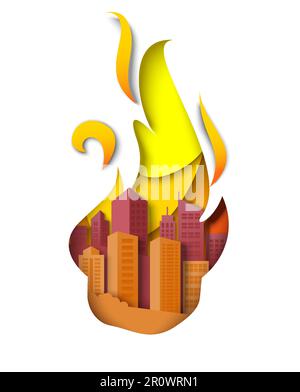 City buildings in fire flames vector illustration in paper cut style Stock Vector