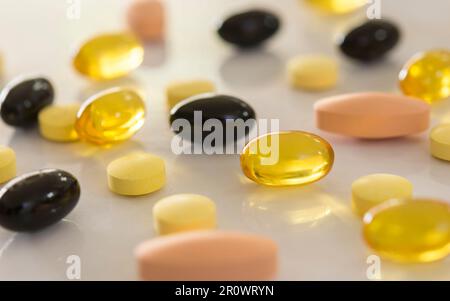 Vitamins. Close Up Pill With Cod Liver Oil Omega-3. Nutrition. Healthy Lifestyle. Nutritional Supplements. Sport, Diet Concept. Vitamin D, E, A Fish O Stock Photo