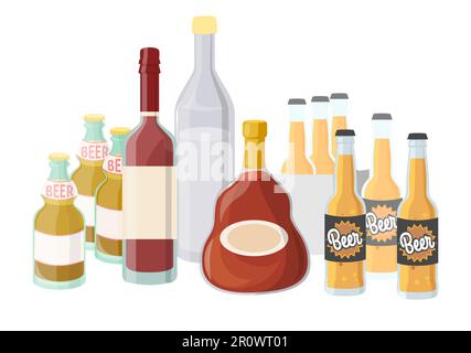 Alcohol set isolated bottled beer, vodka, cognac, wine Stock Vector