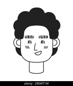 Curly haired guy smirking monochrome flat linear character head Stock Vector