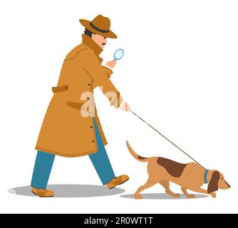 Detective holding magnifying glass follows trail with dog Stock Vector