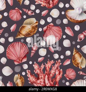 Watercolor seamless pattern with corals, urchin, shells and pearls ...