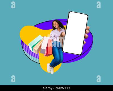 Big Sales. Happy Black Woman With Shopping Bags Jumping With Blank Smartphone Stock Photo