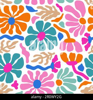 60s 70s Hippie Flowers colorful seamless pattern for fabric, decor, backgrounds, wallpaper, decoration. Vector tile. Vector illustration Stock Vector