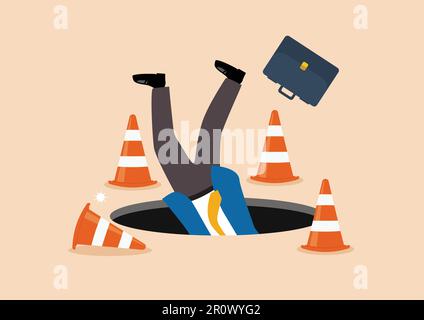 Terrified businessman fall down into the hole. Failure or mistake business concept. Vector illustration Stock Vector